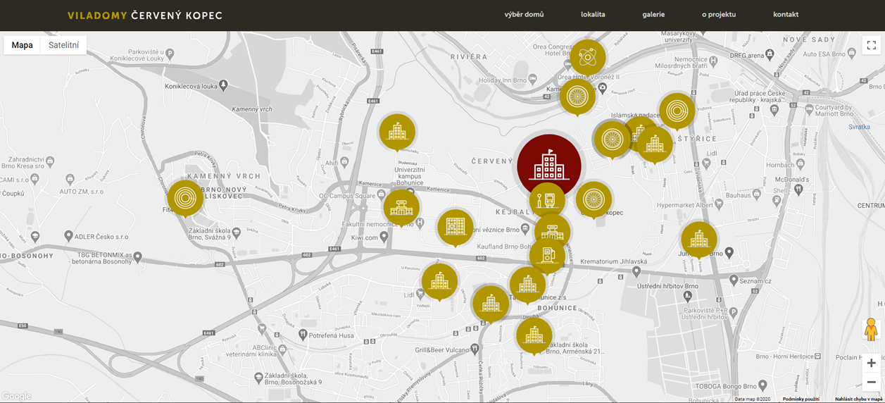 Google Mapy přes API klíč i s různými druhy ikon pro Viladomy Červený kopec
