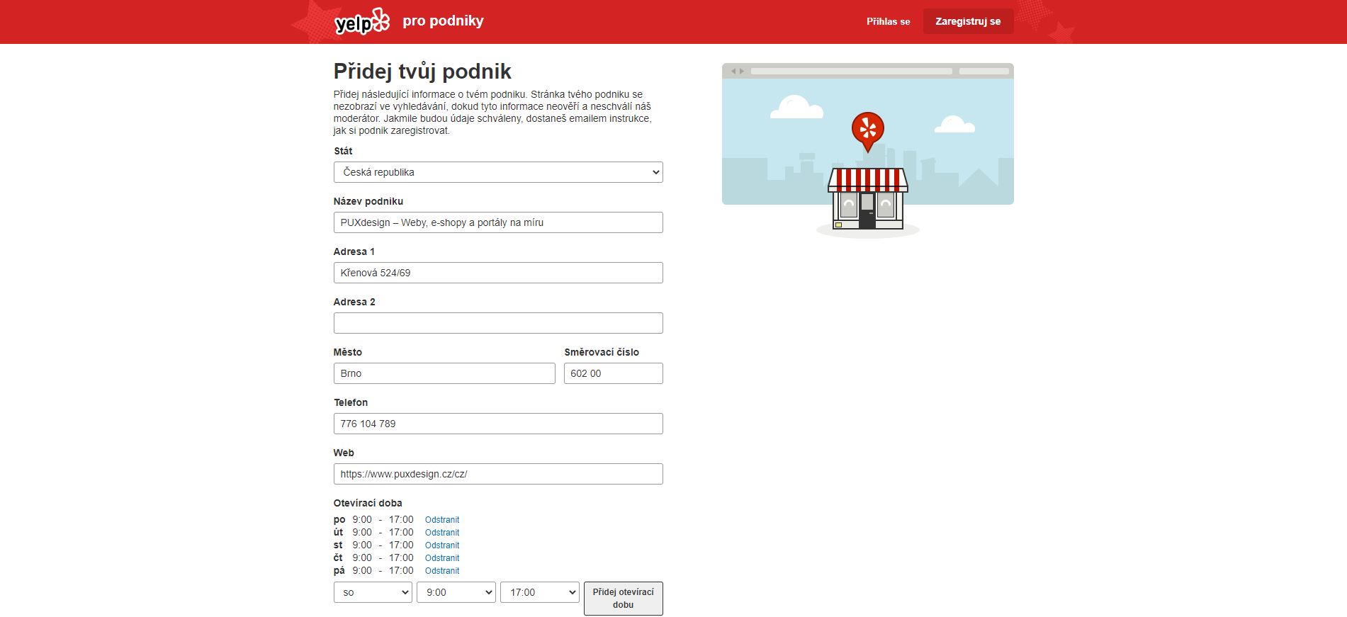 3. Přidejte váš podnik vyplněním základních informací, jako je název, adresa, kontakty, otevírací doba a zaměření služeb.