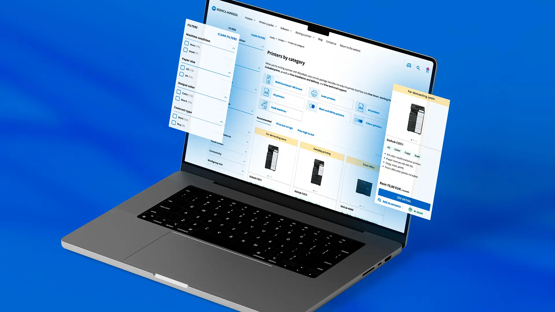 Notebook zobrazující webovou stránku Konica Minolta